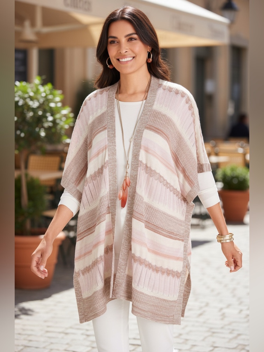 Chico's Textured Shine Stripe Ruana Wrap Cardigan Sweater Kimono One Size